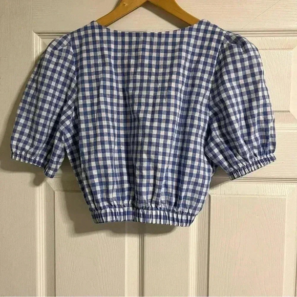 Gingham blue crop top puffy sleeve bubble sleeve top small - Picture 4 of 5
